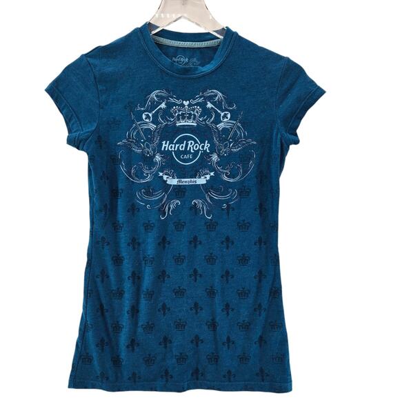 Hard Rock Cafe T-Shirt Womens Small Memphis Blue All Over Print Rock Couture - Picture 1 of 9